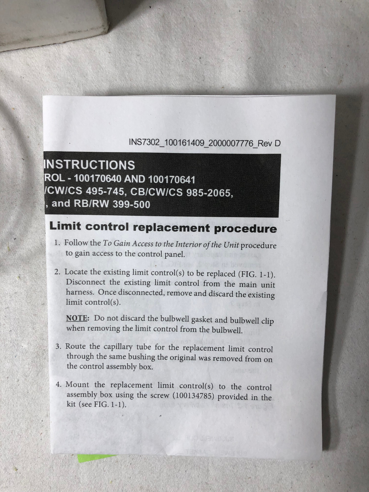 LOCHINVAR 100170641 Control Limit Switch New-Old Stock