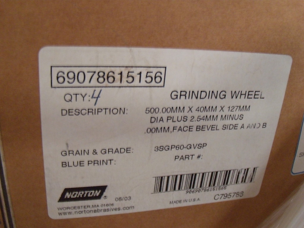 4 NORTON Grinding Wheels 500mm x 40mm x 127mm Beveled 3SGP60-GVSP