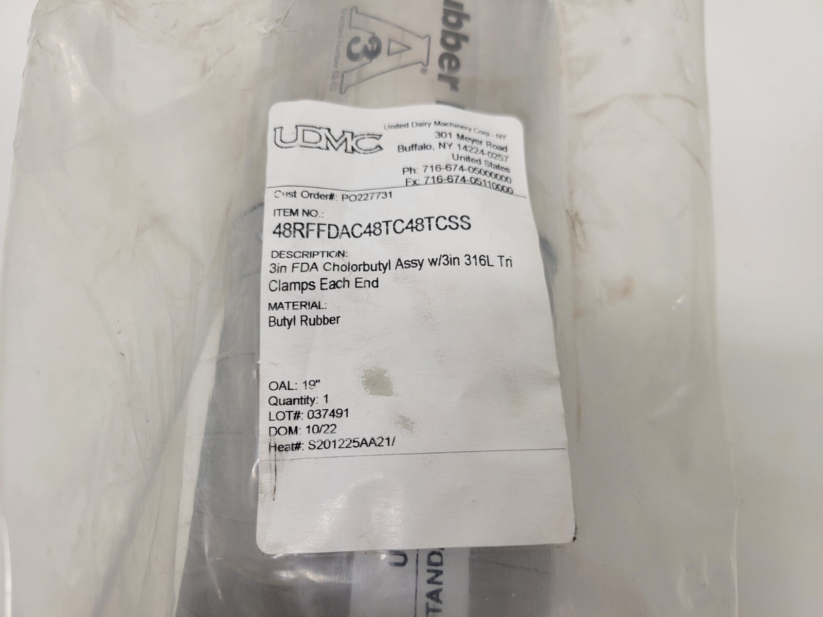 NEW OLD STOCK! RUBBER FAB 3″ FDA CHLOROBUTYL HOSE 48RFFDAC48TC48TCSS