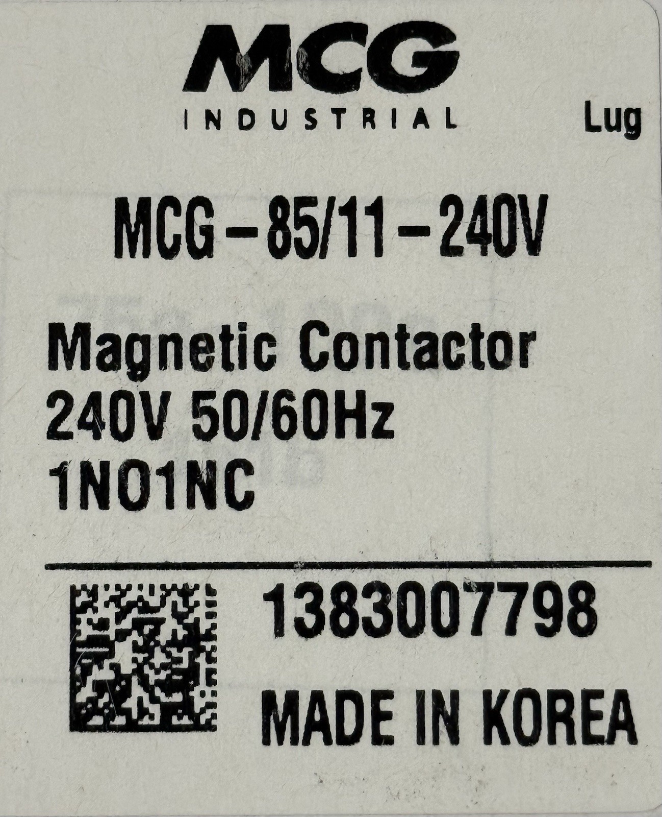 MCG INDUSTRIAL MCG-85/11-240V MAGNETIC CONTACTOR 240V 50/60Hz 1N01NC