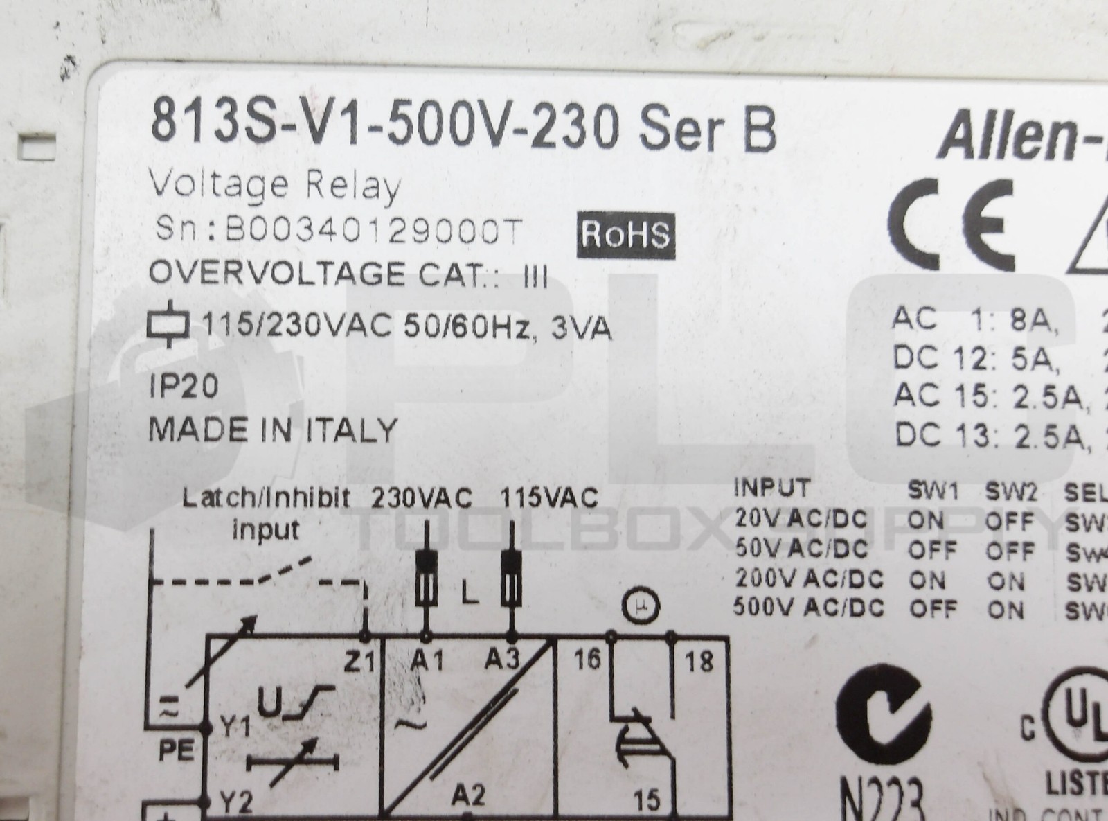ALLEN BRADLEY 813S-V1-500V-230 /B VOLTAGE RELAY 115/230VAC