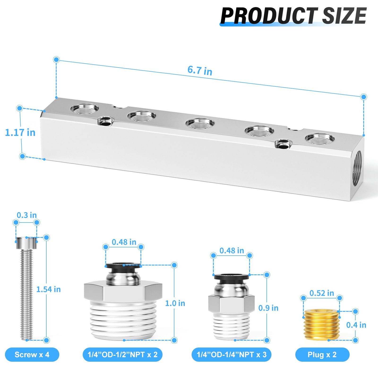 Silver 1/2 Inch NPT Input 1/4 Inch NPT Output 5 Way Aluminum Manifold Block