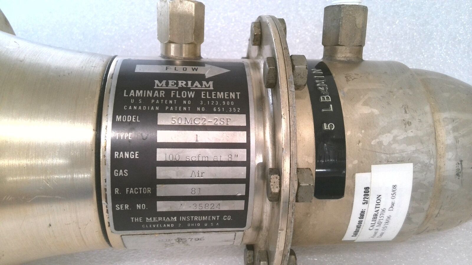 MERIAM INSTRUMENT 50MC2-2F LAMINAR FLOW ELEMENT, TYPE: 1, 100 CFM @ 8″ H2O