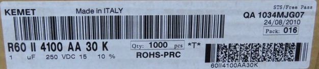 ARCOTRONICS R60II4100AA30K Qty of 40 per Lot FILM MKT P15 1UF 250V 10%; CAP, 1µ
