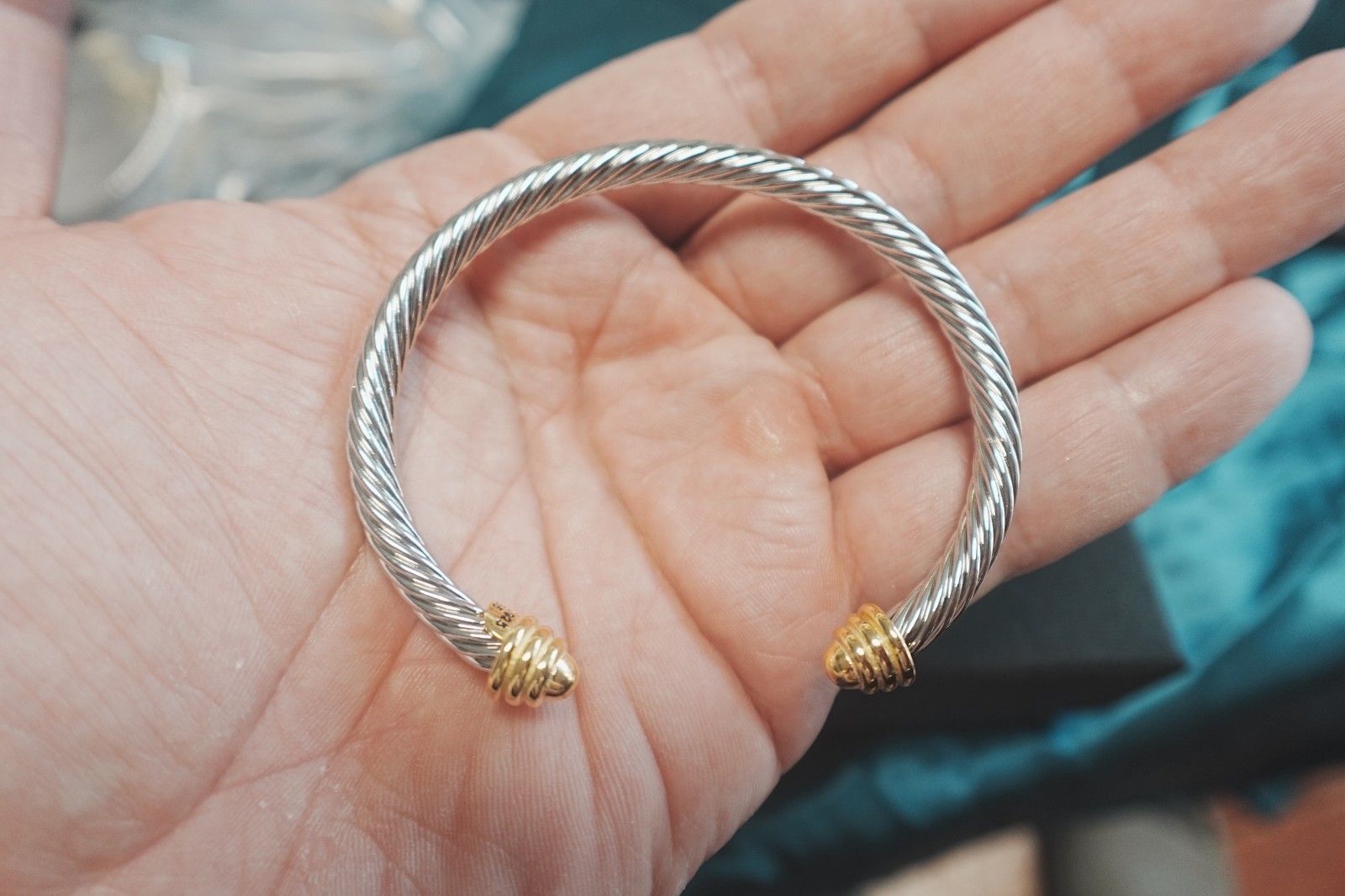 New.DavidYurman.4mm.Classic Cable.Sterling Silver BraceIet&18k Gold Dome BangIe
