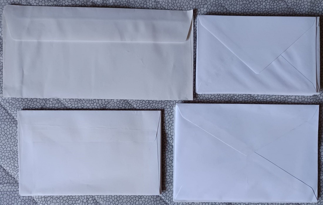 15 WHITE ENVELOPES 4 SIZES 1=22X10.7 CM 2=17X11.4 CM 4=16.5X9.8 CM 8=13.9X9 CM