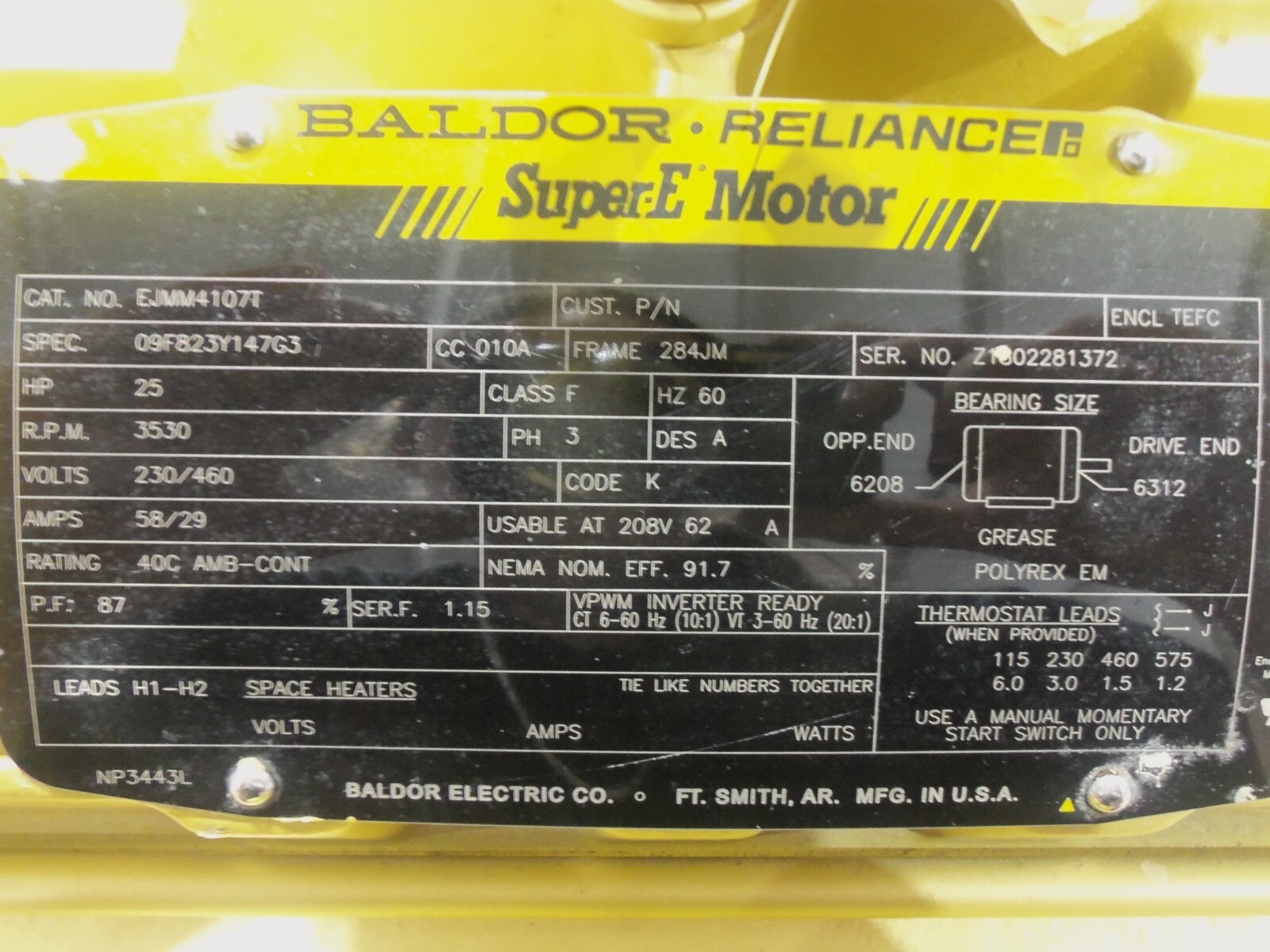 New Baldor Reliance EJMM4107T Super-E Motor 25HP Frame: 284JM 230/460V 58/29 AMP