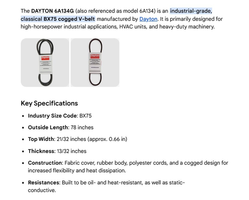 1 NEW DAYTON 6A134G PREMIUM INDUSTRIAL-GRADE COGGED V-BELT NNB ***MAKE OFFER***