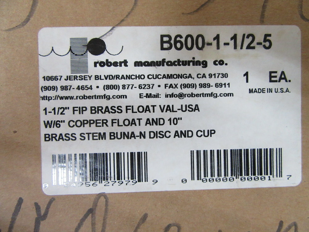 Robert Manufacturing B600-1-1/2-5 Float Valve W/Ball B6001125