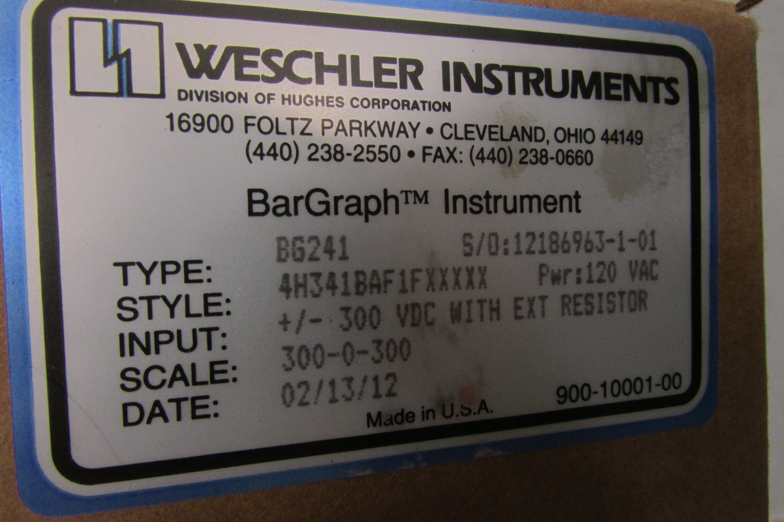 Weschler Instruments Bargraph BG241 Style: 4H341BAFXXXXX 300-0-300 Scale