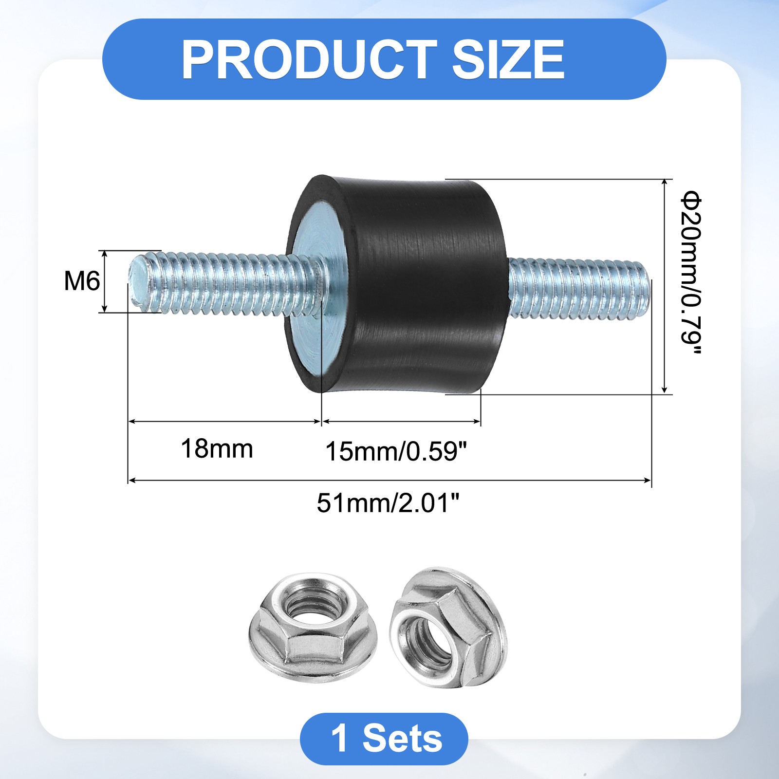 M6 x 18mm Rubber Mounts, 15 x 20mm Rubber Vibration Isolator with Nuts