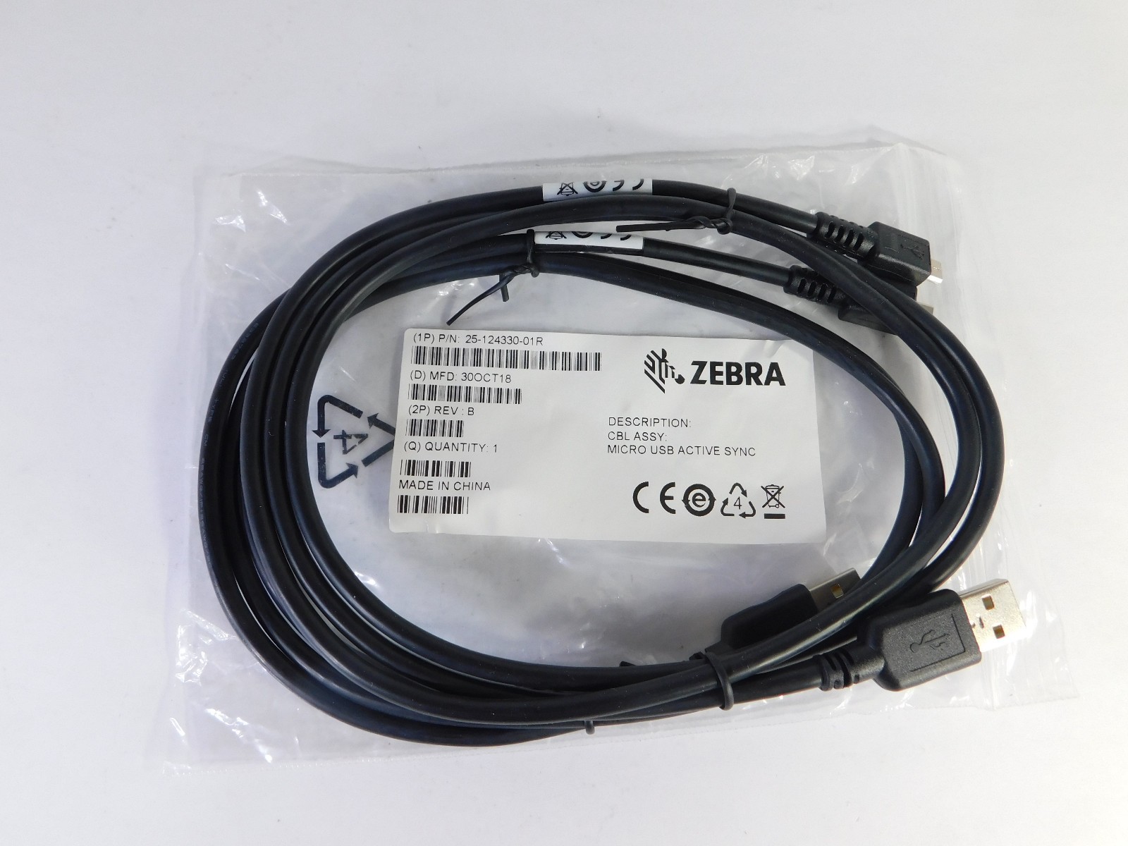 Lot of 2 Each Zebra 25-124330-01R Cable Assembly Micro USB Active Sync
