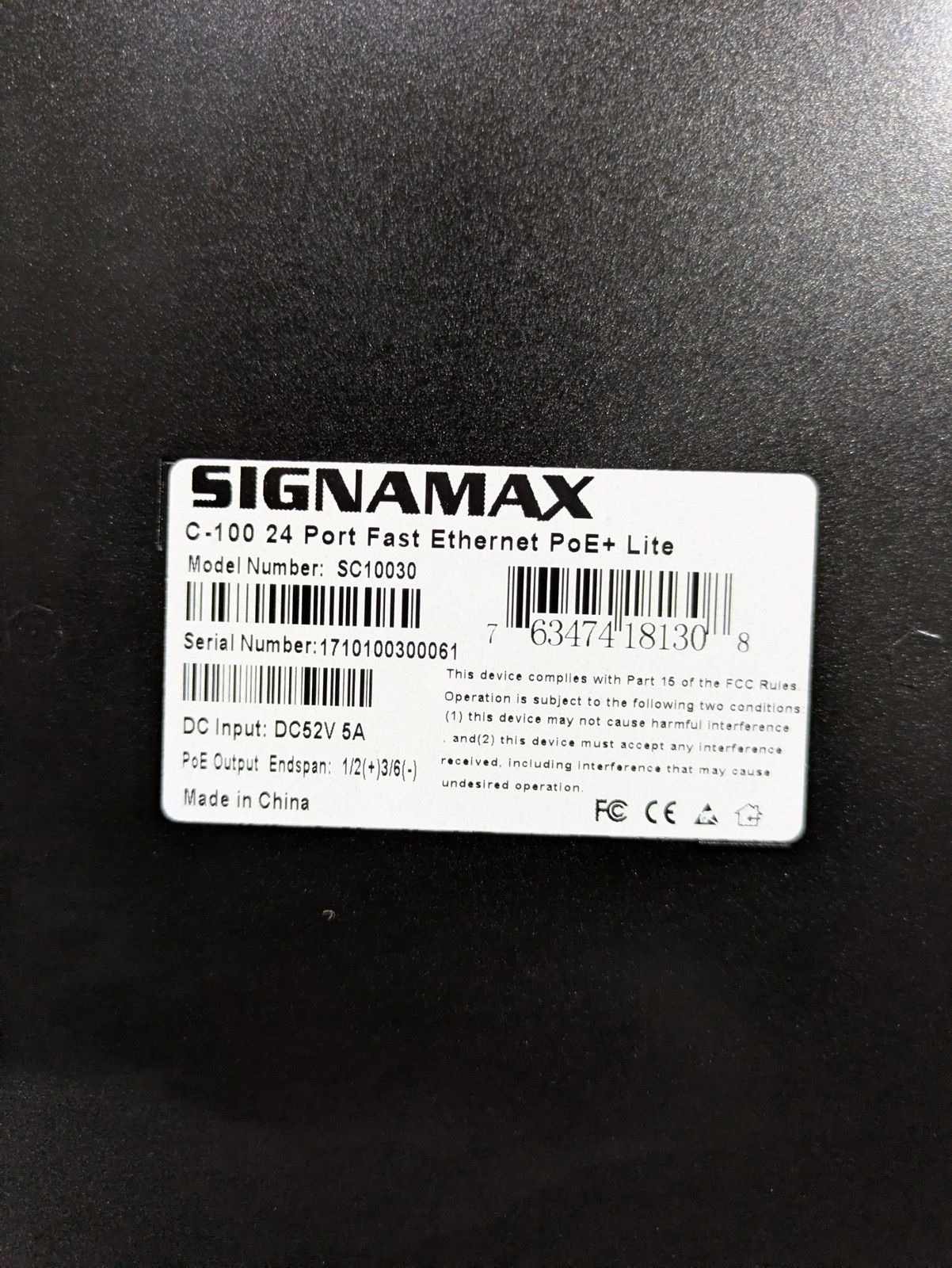 SIGNAMAX C-100 24 PORT FAST ETHERNET POE+ LITE SWITCH SC10030 DC52V 5A HOFFMAN