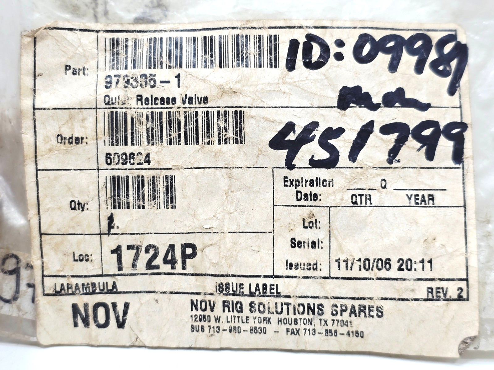 9793851 QUICK RELEASE VALVE NOV VARCO 979385-1