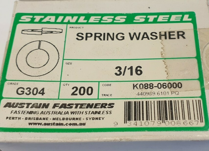 Box of 200 Austain Fasteners 3/16″ G304 Spring Washers 304SS K088-06000