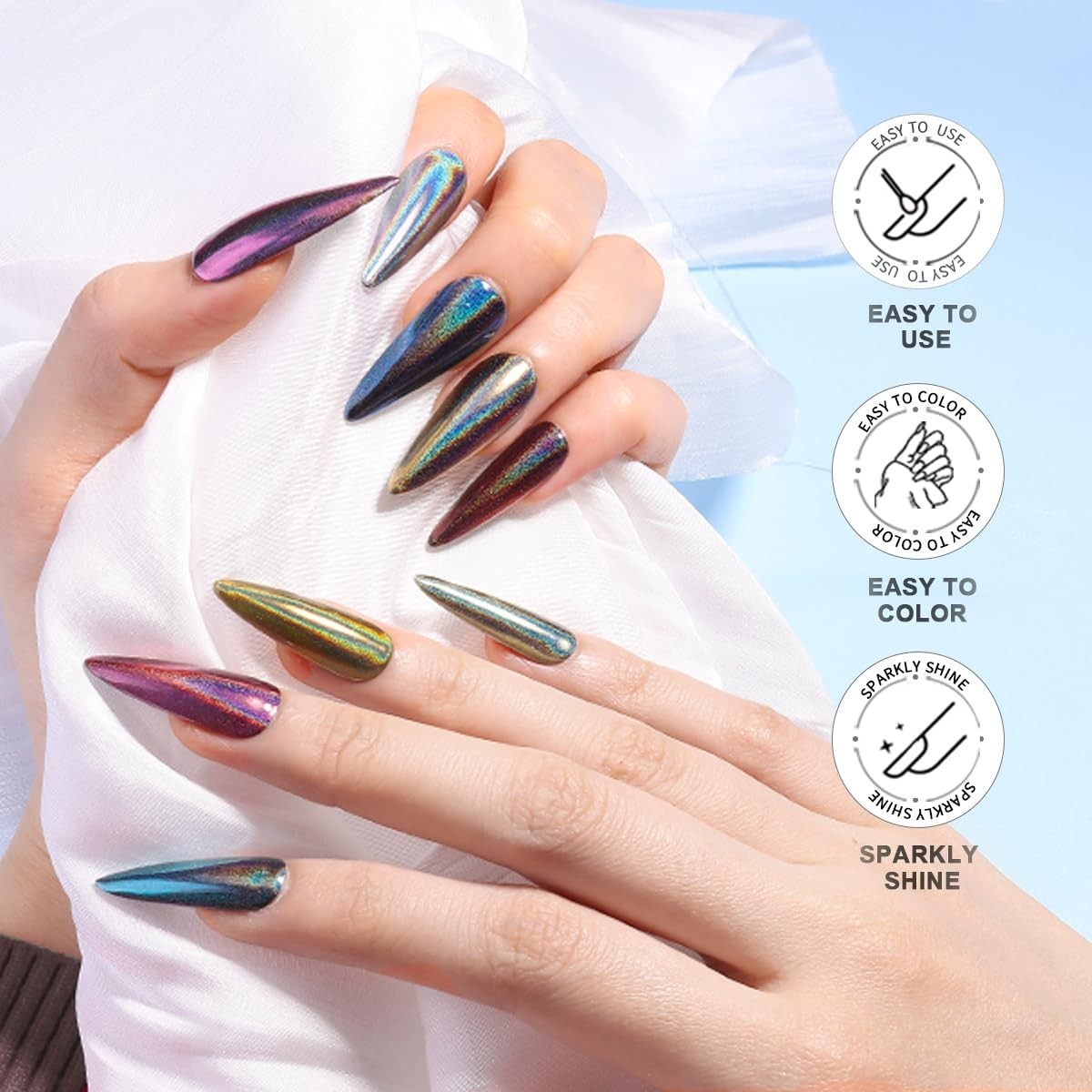 Furtherpretty Holographic Chrome Nail Powder, 10 Colors Metallic