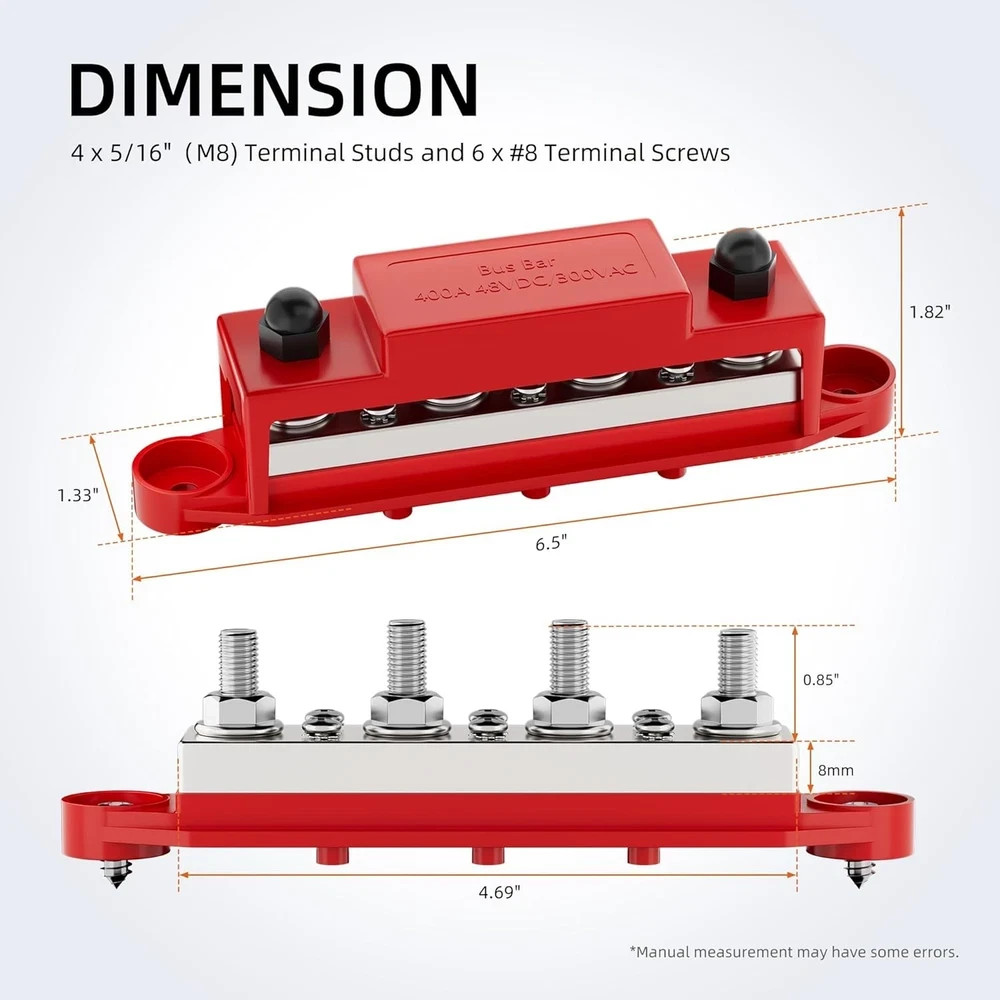 400A Power Distribution Block 12V Bus Bar 4 x 5/16″ (M8) Terminal Studs and…