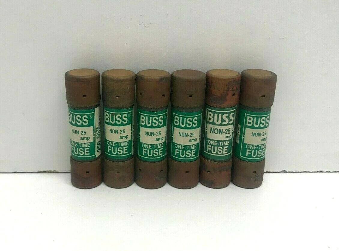 LOT OF (6) NEW OLD STOCK! BUSSMANN 25A 250V ONE-TIME FUSES NON-25