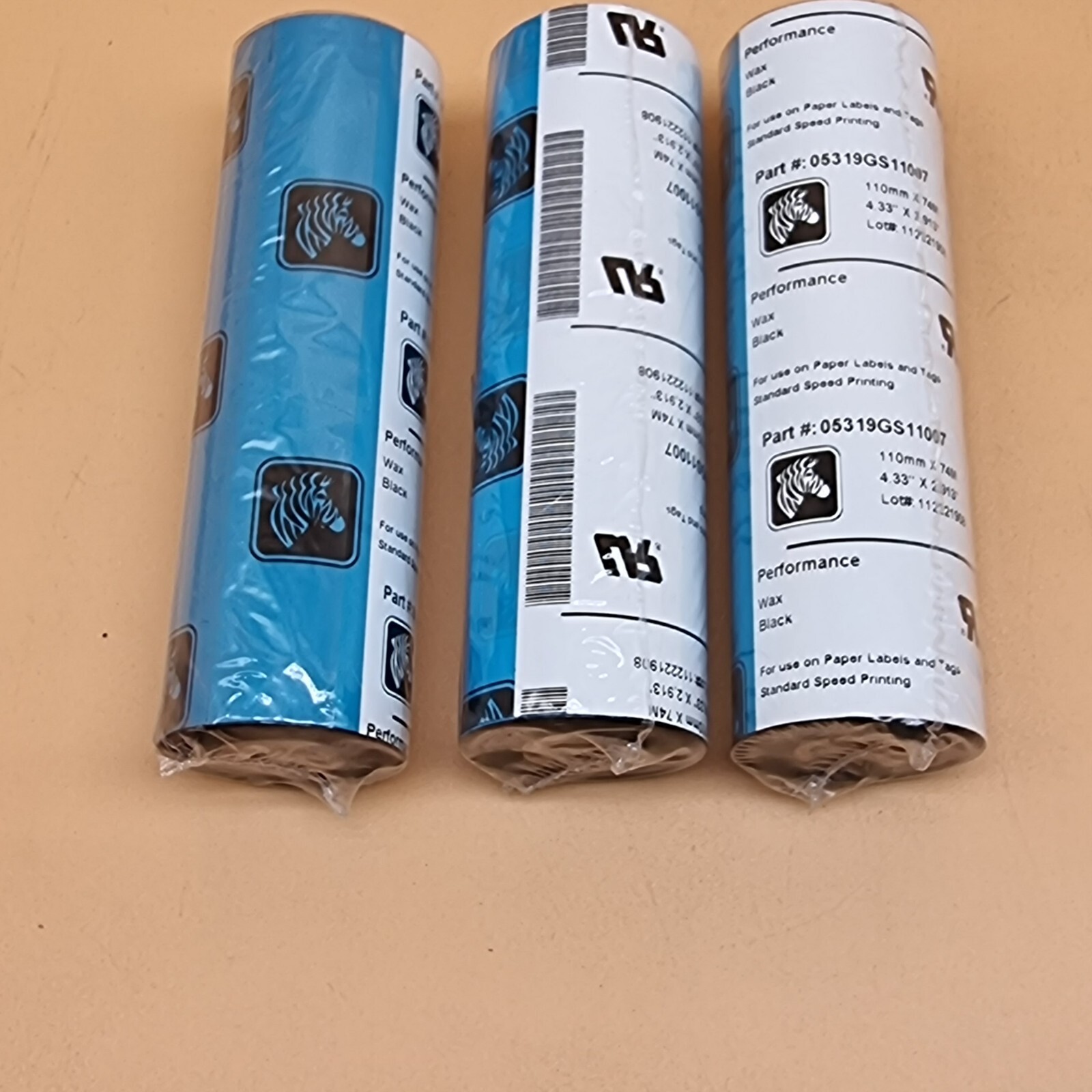 Lot Of 3 Zebra 05319GS11007 Performance Wax Ribbon, 110mm x 74m, Black