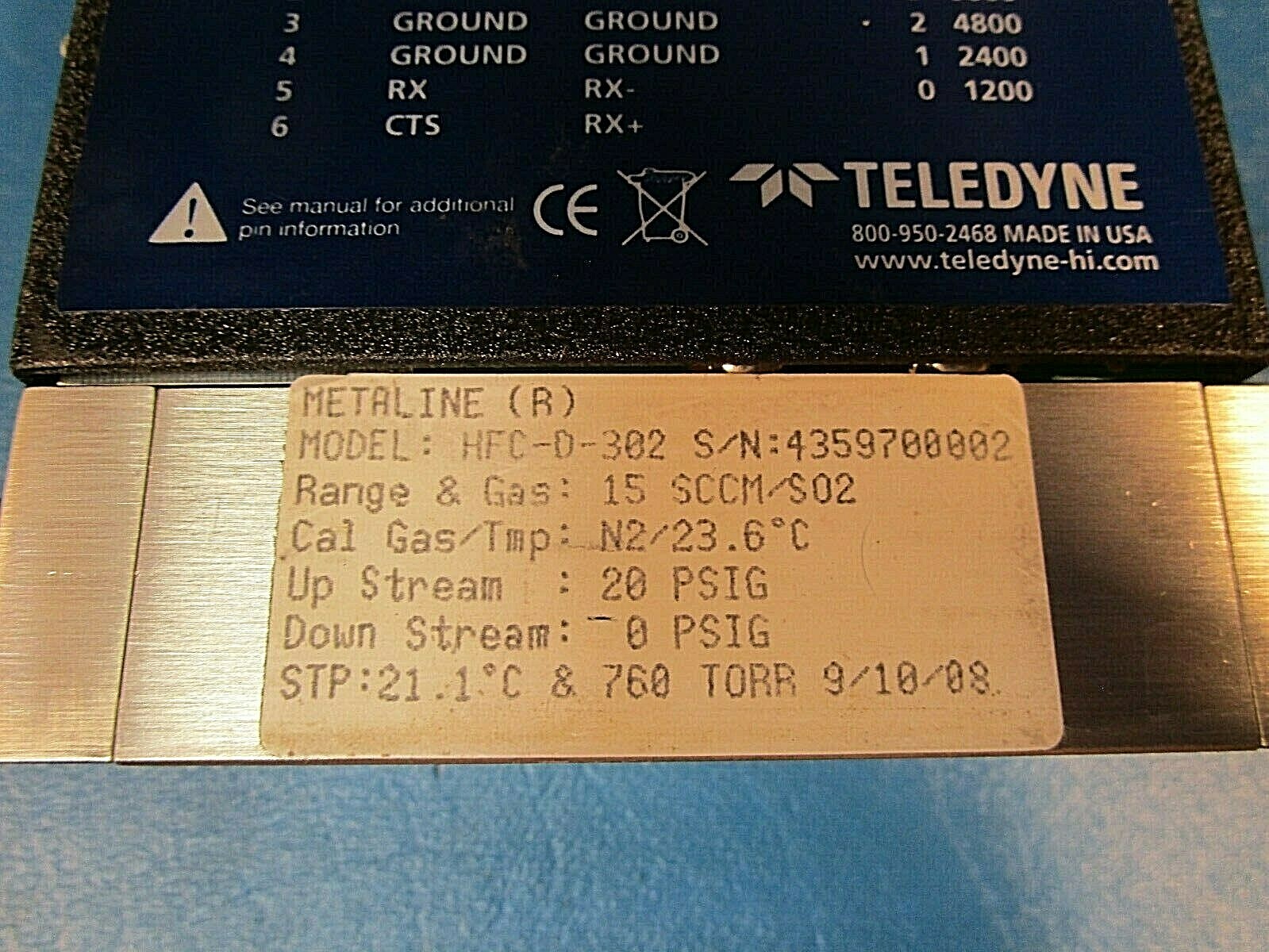 Teledyne Hastings HFC-D-302 Flow Controller, Range: 15, Gas: SCCM/SO2, 20 PSIG