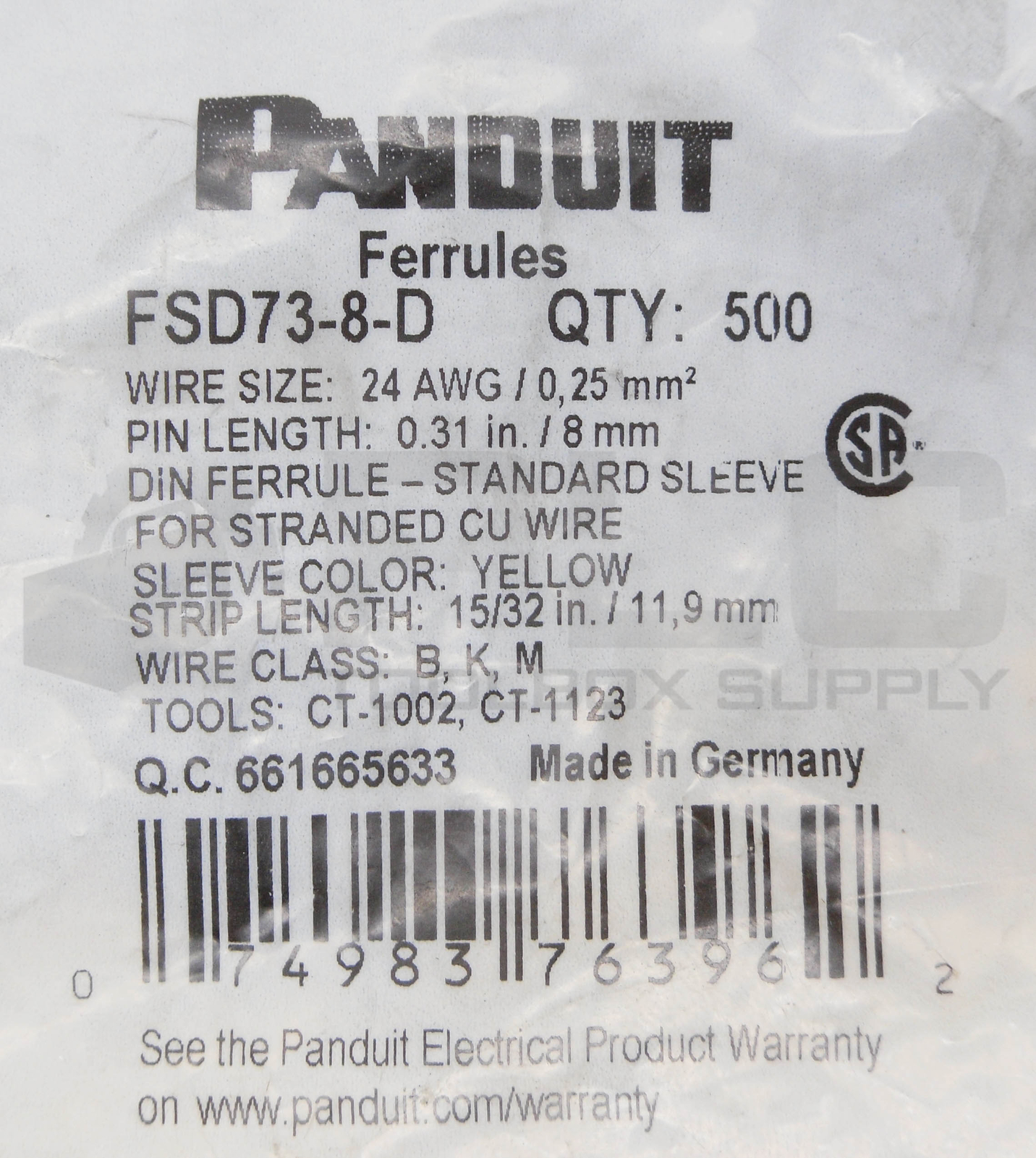 SEALED NEW BAG OF 500 PANDUIT FSD73-8-D FERRULES 0.31″ 24AWG