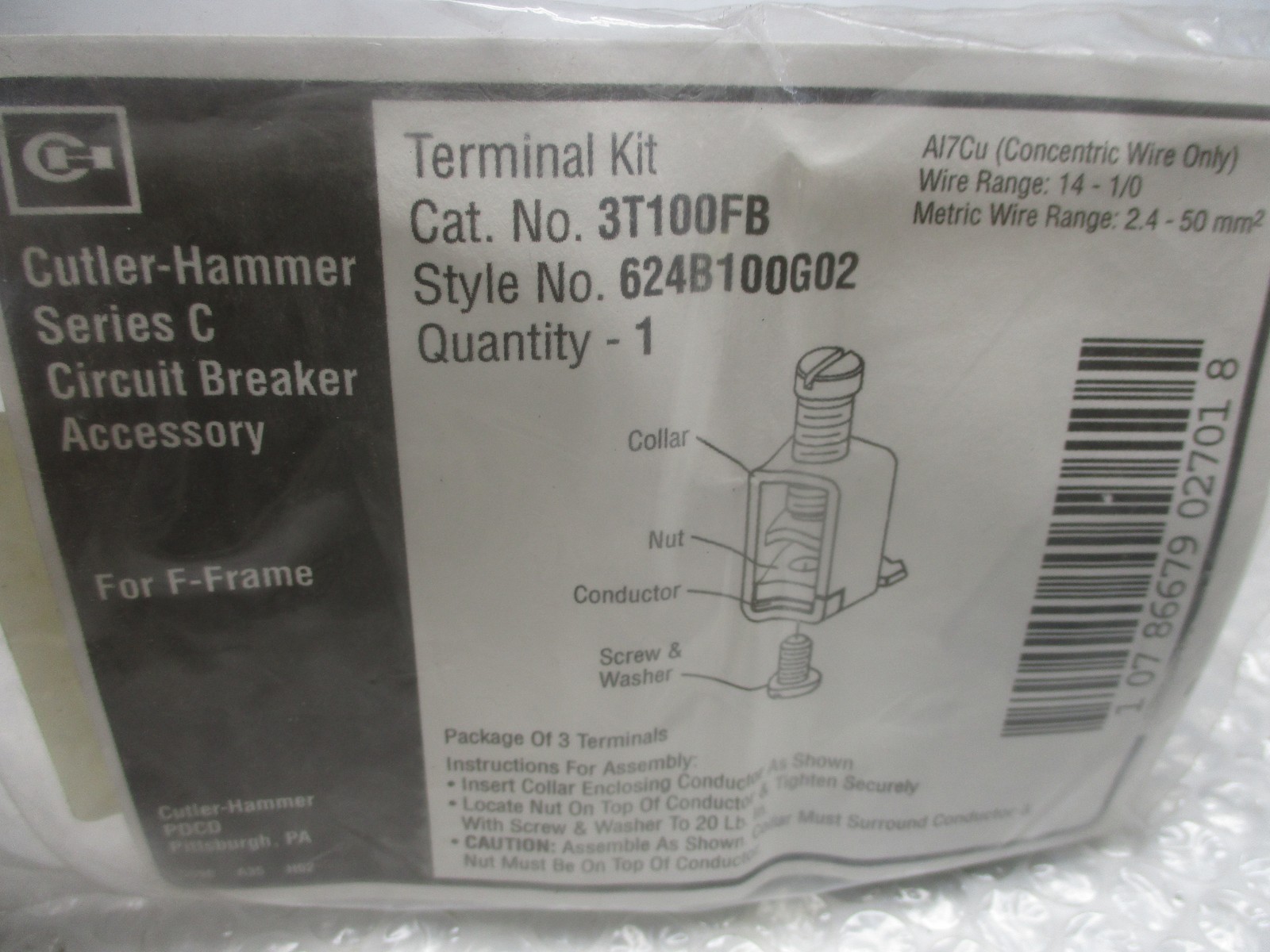 CUTLER HAMMER 624B100G02 3T100FB TERMINAL KIT NSMP