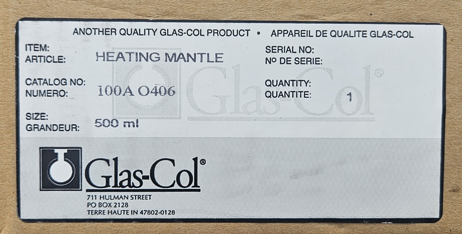 NEW GLAS-COL 100A O406 HEATING MANTLE 500 ML