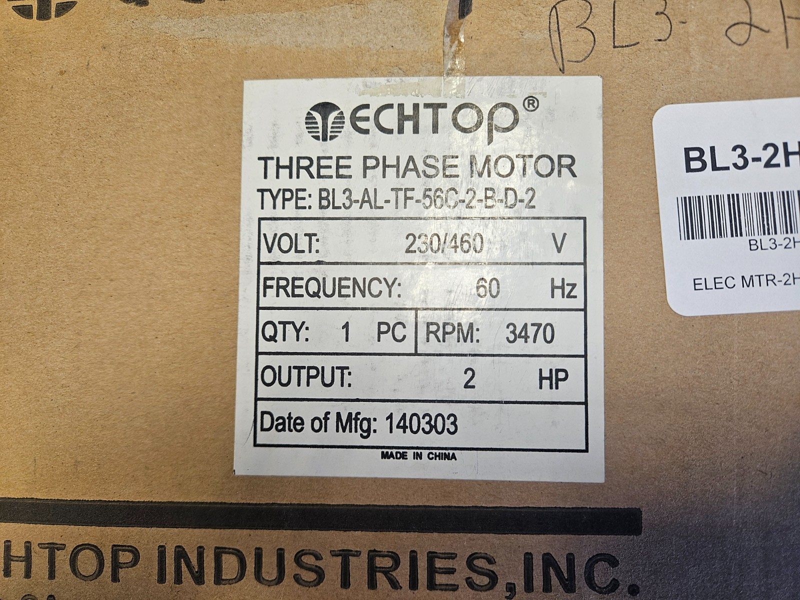 TECHTOP BL3-AL-TF-56C-2-B-D-2 Electric Motor 56C Frame 2PH TEFC 3450 RPM **NEW**