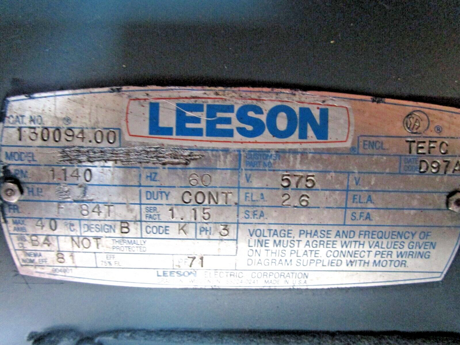 LEESON 1 hp, 575 volts, 1140 rpm, F184T Electric Motor 130094.00