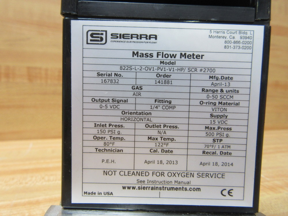 Sierra 822S-L-2-OV1-PV1-V1-HP/SCR #2700 Mass Flow Meter 0-50 SCCM 115 VDC