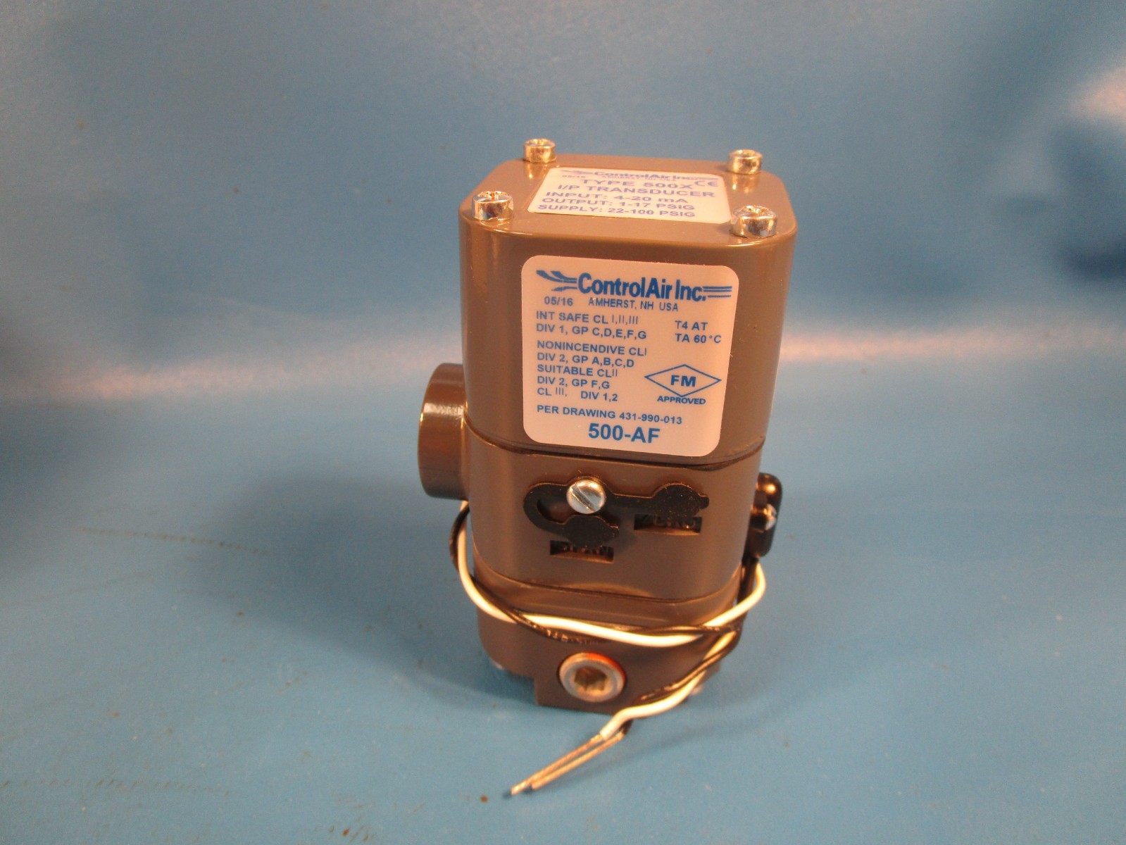 Control Air Inc. 500-AFW, TRANSDUCER, 4-20 mA, 1-17 PSI, ELECTRO-PNEUMATIC