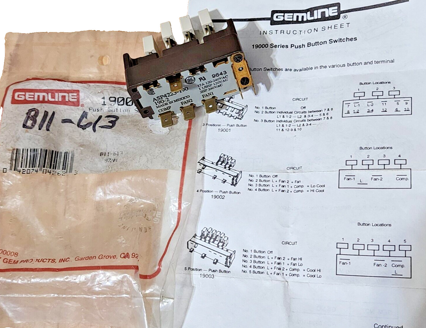 OEM ASP4225-190 Gemline 19002 Push Button 4 Position Switch B11-613, 190-2