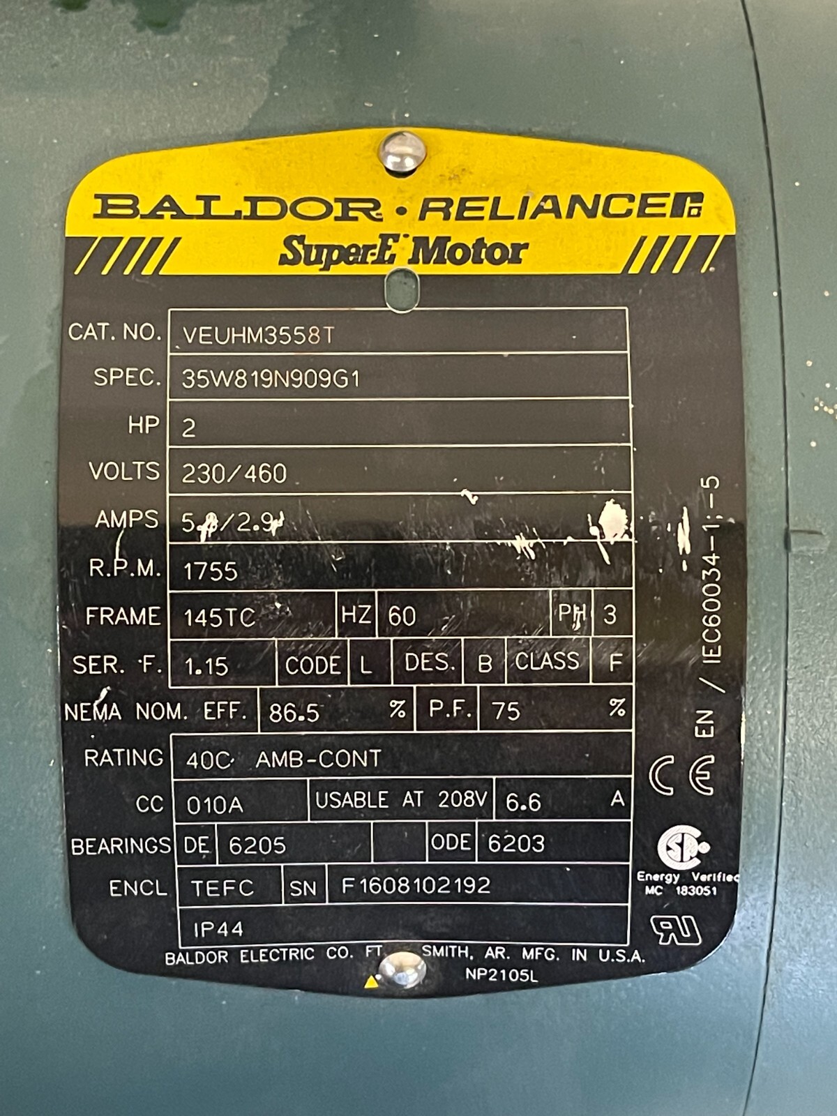 BALDOR RELIANCE SUPER-E MOTOR VEUHM3558T W/TIGEAR 2 GEAR REDUCER 30S15L