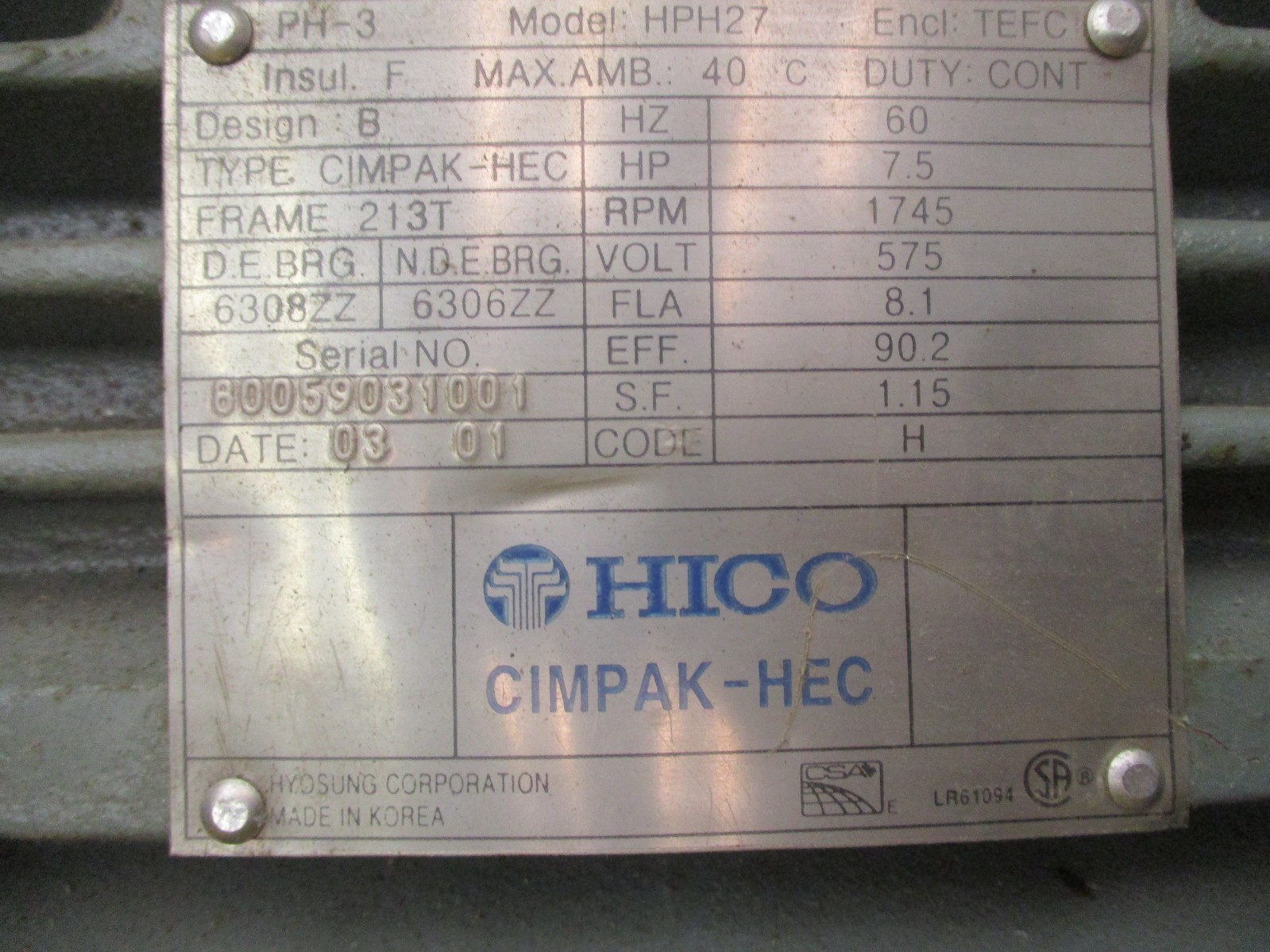 New Open Box HICO CIMPAK-HEC HPH27 3PH 7.5HP 1745RPM 575V 213T Motor 52796PRX