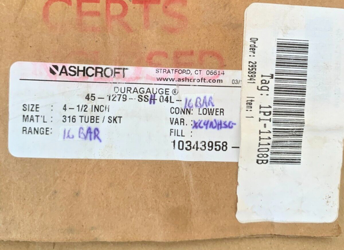 ASHCROFT DURAGAUGE Pressure Gauge 0 – 16Bar Size 4-1/2in SS Tube Made in the USA