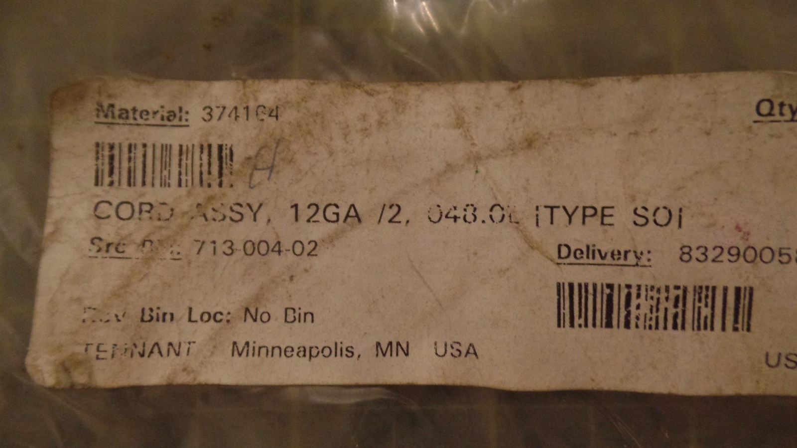 GENUINE TENNANT NOBLES PARTS 374164 CORD ASSEMBLY, 12GAUGE, G9286, NIB, N.O.S