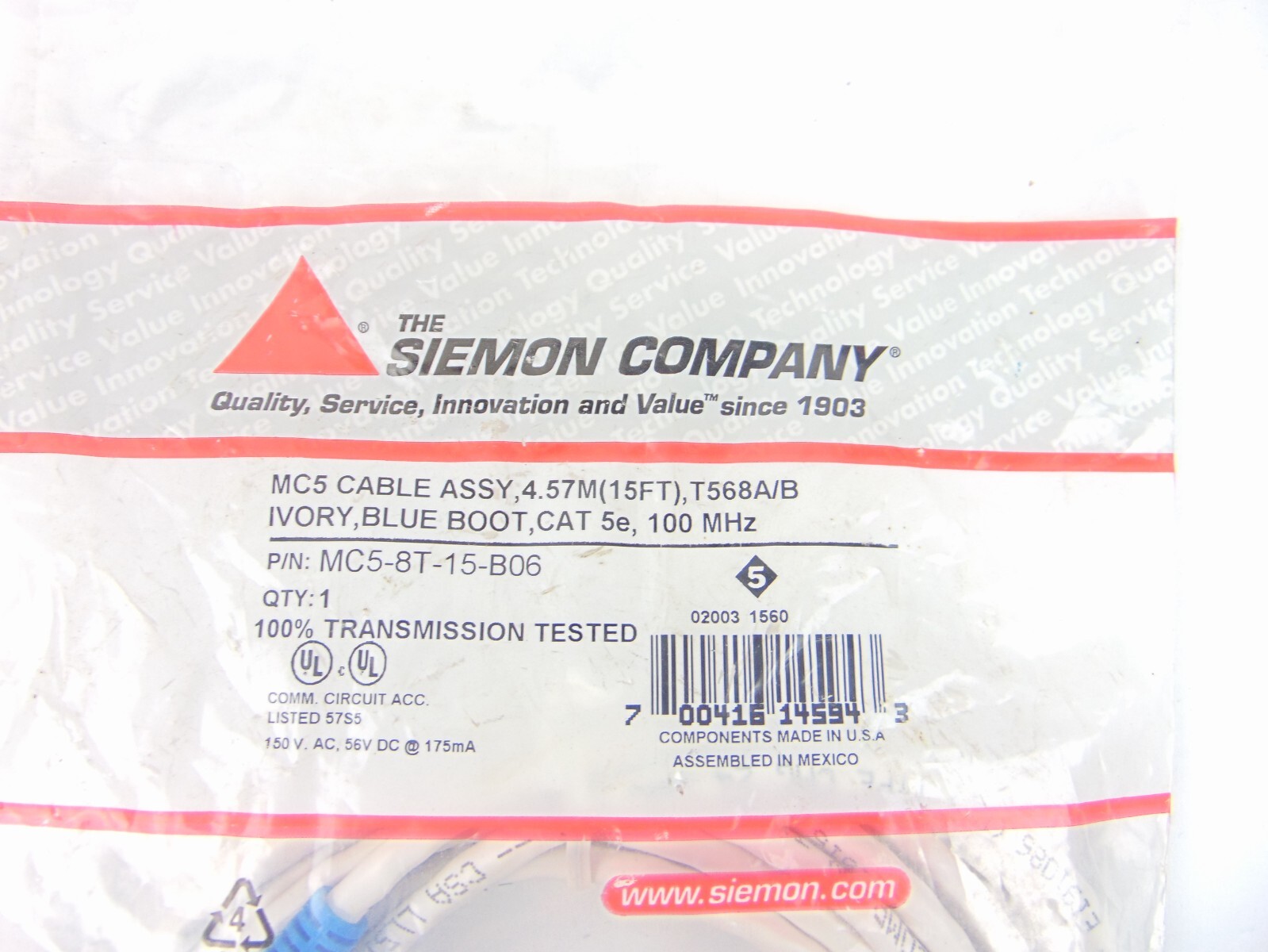 Siemon Company MC5 Cable Assembly MC5-8T-15-B06