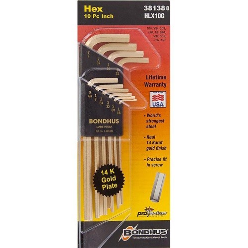 Bondhus 38138 – Set 10 GoldGuard Finish Hex L-Wrenches 1/16-1/4″ – Long – 1EA