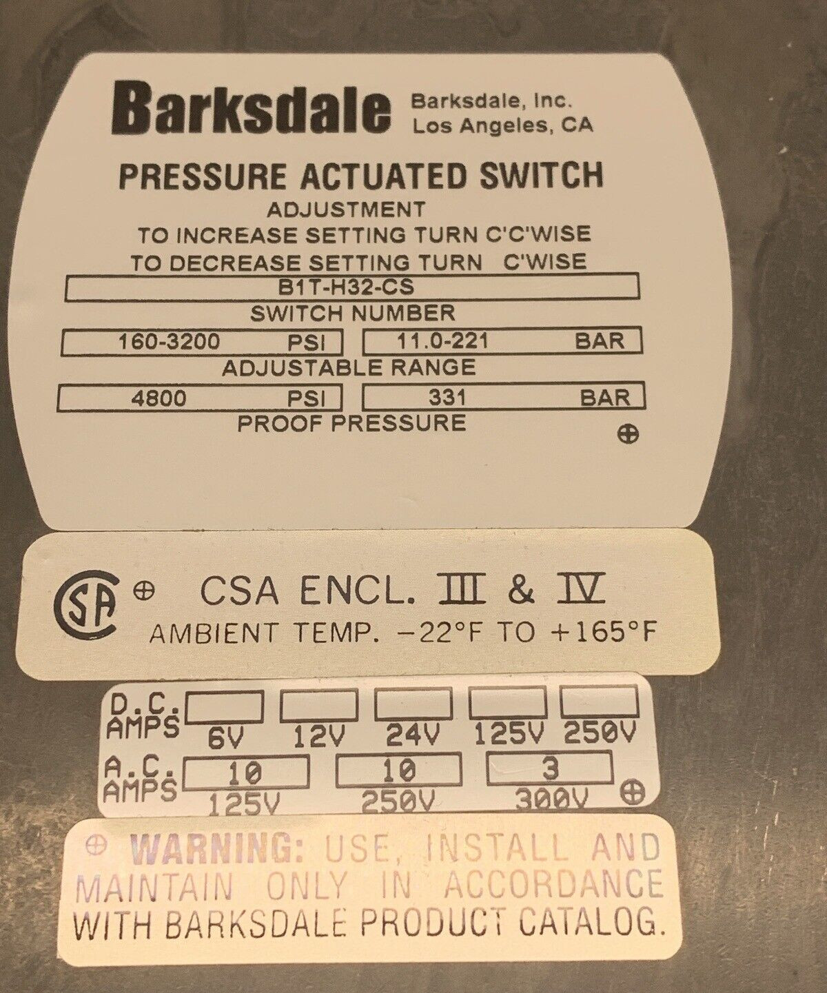 BARKSDALE B1T-H32-CS PRESSURE ACTUATED SWITCH 160-3100 PSI **NOS***