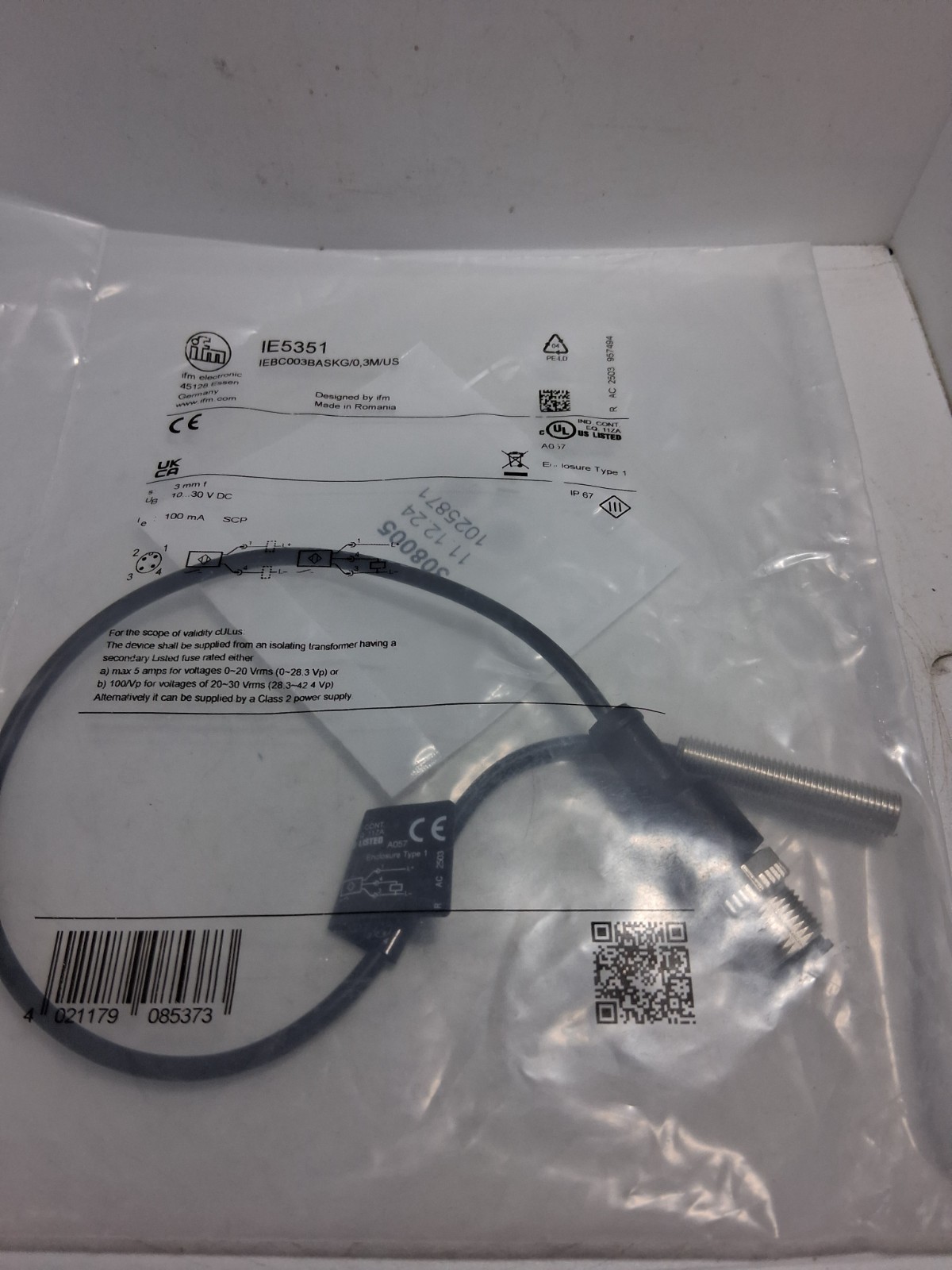 IFM IEBC003BASKG/0,3M/US (IE5351) PROXIMITY SENSOR 3MM SENSING 10-30VDC NIB