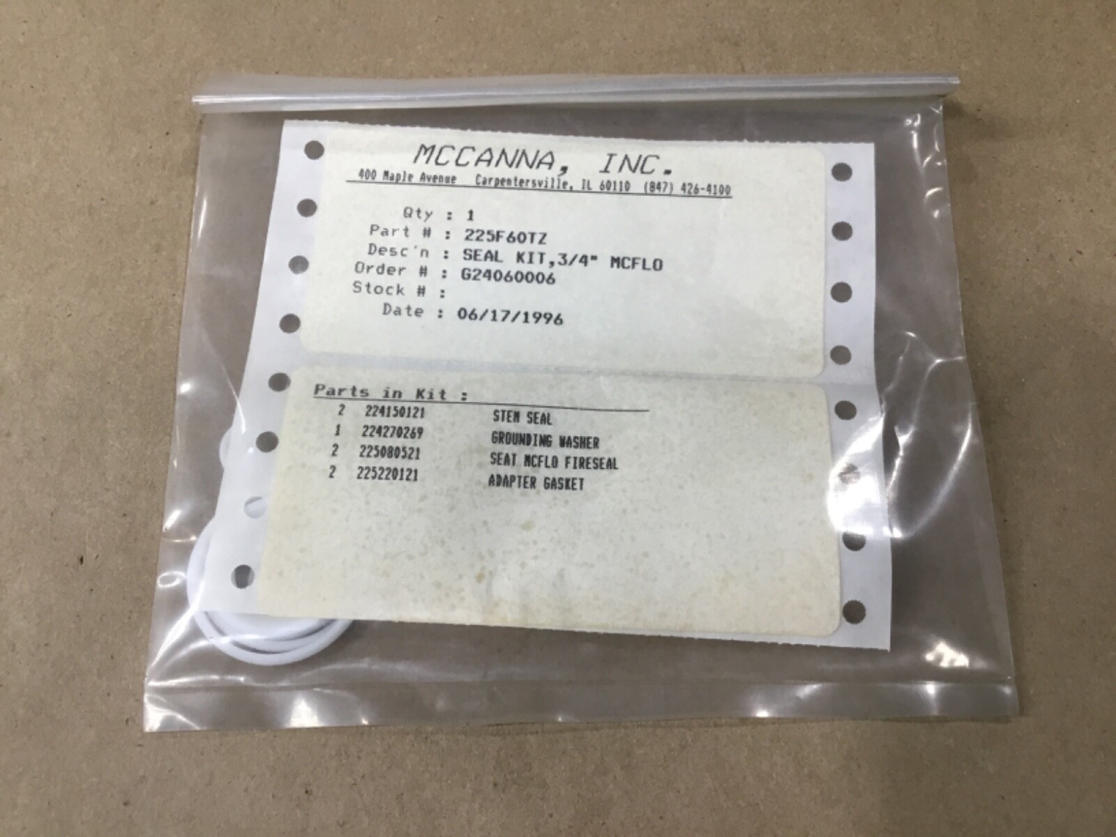Mccanna 225F60TZ Valve Seal Kit 3/4” Mcflo #09H38RM