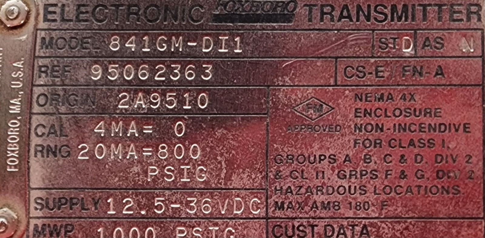 FOXBORO ELECTRONIC TRANSMITTER 841GM-DI1