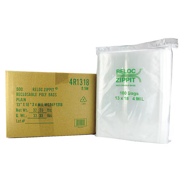 Reloc Zippit Reclosable Bag, Zip Seal, 18 in L, 13 in W, 4 mil Thick,