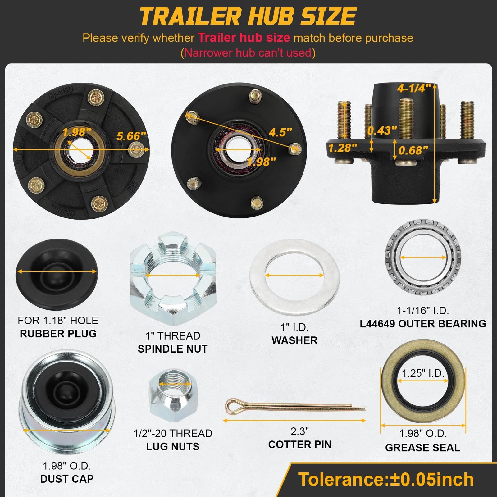 2 Sets 2000Lbs Trailer Axle Trailer Hub Kit 5 Bolt 4.5″ for 1-1/16” BT9 Stra…