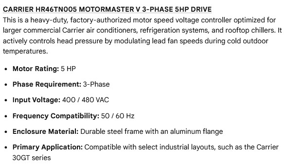 1 USED CARRIER HR46TN005 MOTORMASTER V 3-PHASE 5HP DRIVE ***MAKE OFFER***