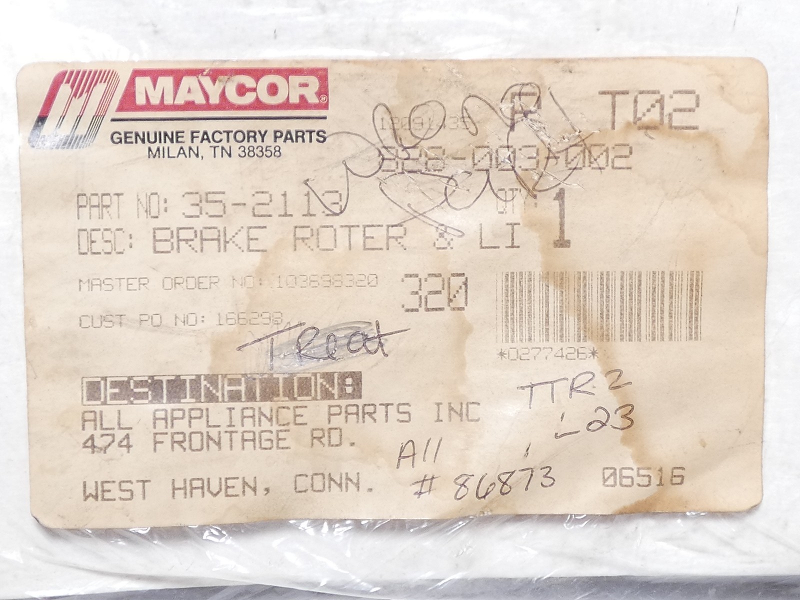 Maycor 35-2113 Brake Rotor and Lining Assembly – NEW Surplus!