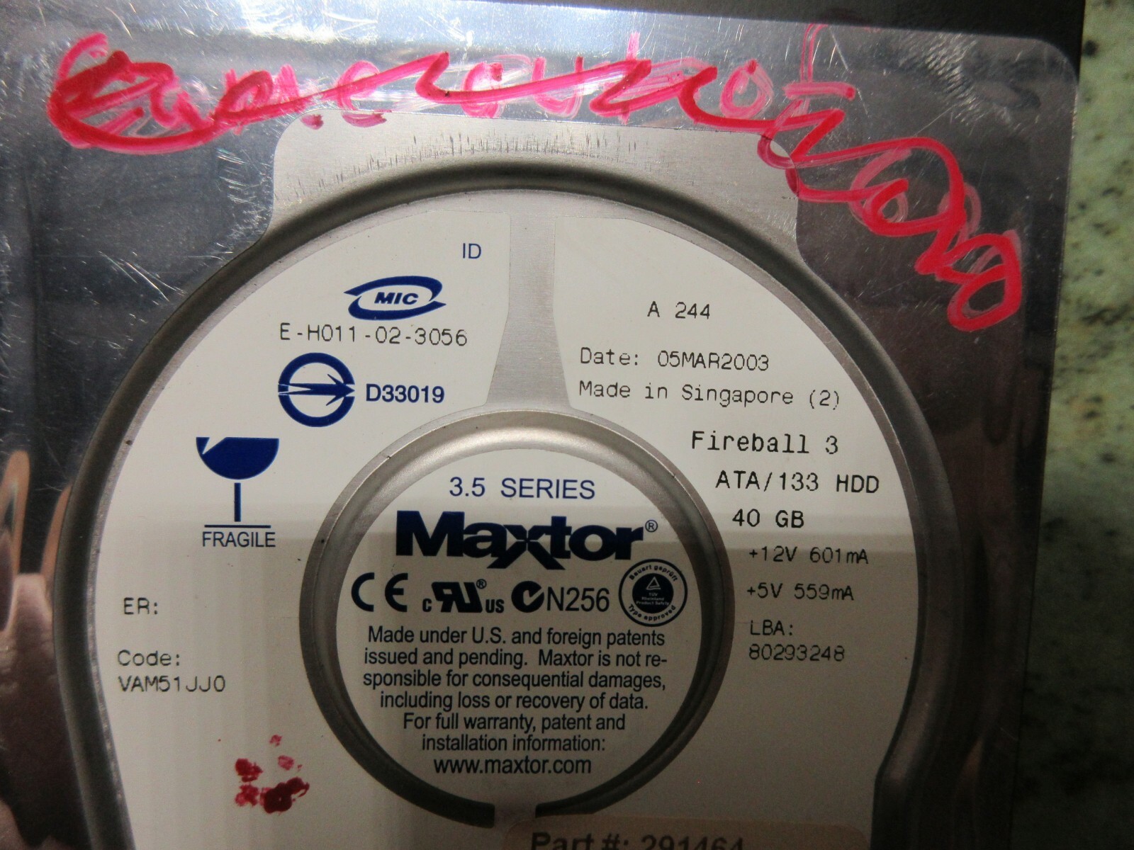 MAXTOR 3.5 HDD E-H011-02-3056 D33019 A 244 3 291464 B2FFA CHARMILLES 690 EDM