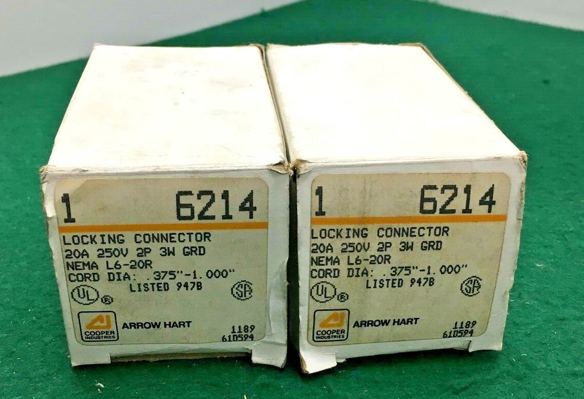 NEW Arrow Hart 6214 Locking Connector 20A 250V 2P 3W GRD (LOT OF 2)
