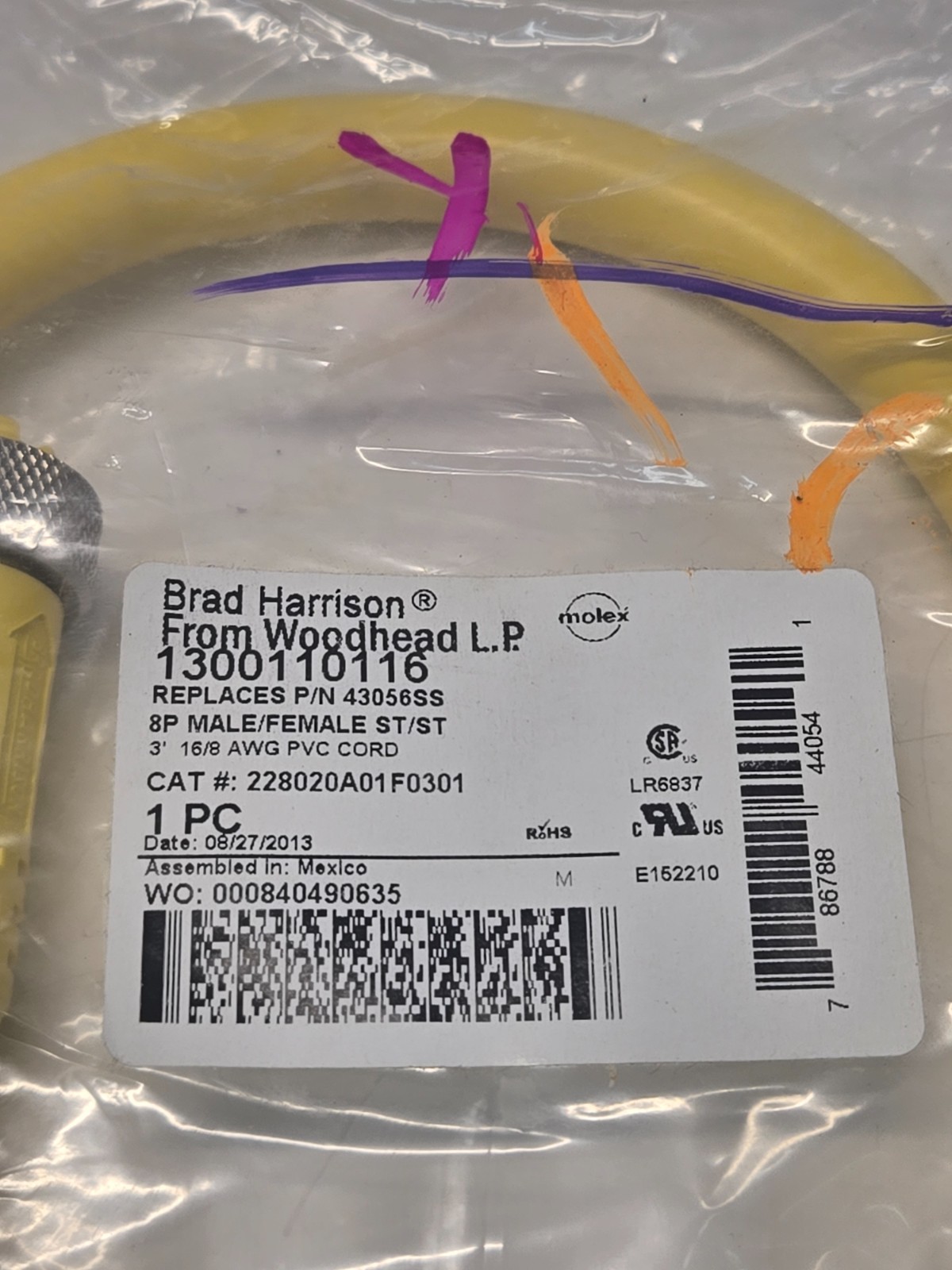 Woodhead / Molex 1300110116 MC 8P MFE 3′ 16/8 PVC Brand NEW Free Shipping e25