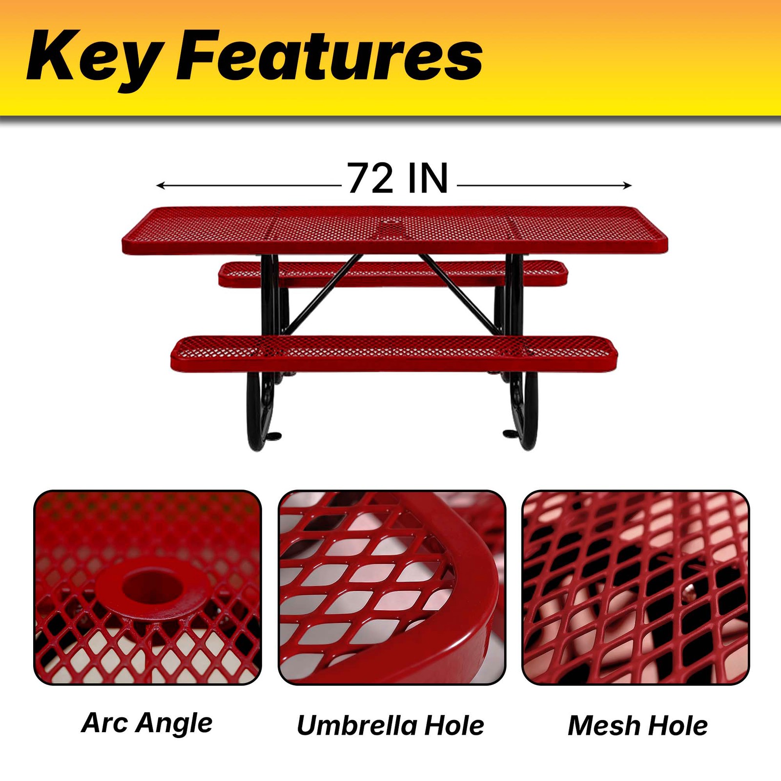 LAUCO Heavy Duty Rectangular Outdoor Picnic Table with Steel Frame Red, 72 inch